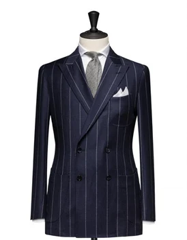 Темно-синие Мужские костюмы в полоску, приталенный Свадебный Смокинг Жениха, Блейзер для выпускного вечера, брюки, 2 предмета, одежда для вечеринок (куртка + брюки)