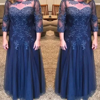 Темно-темно-синие платья для матери невесты с аппликацией из бисера, кружева, тюля, длина до пола, вечерние платья Fomal для женщин, большие размеры