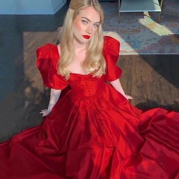 Тонкие красные вечерние платья для выпускного вечера 2021, длинное вечернее платье с короткими пышными рукавами, чайная длина, трапециевидные коктейльные ночные платья с квадратным воротником