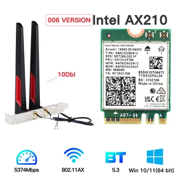 Трехдиапазонный 5374 Мбит/с WiFi 6E Intel AX210 M.2 WiFi Беспроводная карта Bluetooth 5,3 802.11ac/ax AX210NGW С антеннами 10dbi Для Win 10