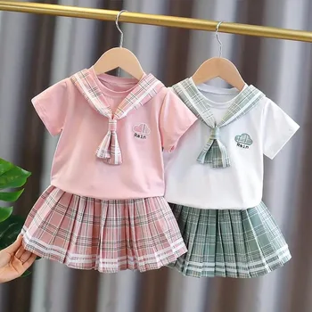 Униформа JK для маленьких девочек, костюм 2023, Летняя Одежда, Детский Топ, Футболки + Плиссированная юбка/Шорты, Детский Корейский Элегантный Дизайн, Комплекты из 2 предметов