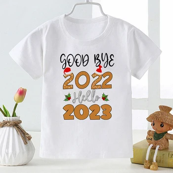 Футболка Good Bye 2022 Hello 2023 Childern's с Рождественским Принтом, Эстетичная Модная Одежда для маленьких девочек и Мальчиков, Белые базовые Детские топы