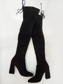 Черные женские длинные сапоги на толстом каблуке, сапоги до бедра из эластичной ткани с острым носком, женские сапоги выше колена на высоком каблуке