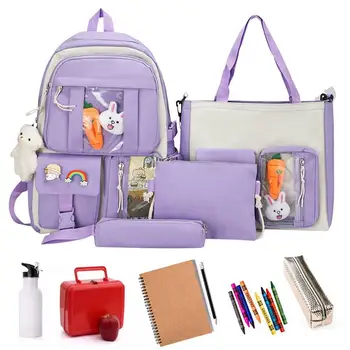 Школьный рюкзак Kawaii, набор из 4 Эстетических рюкзаков, школьный рюкзак большой емкости с булавкой Kawaii и аксессуарами