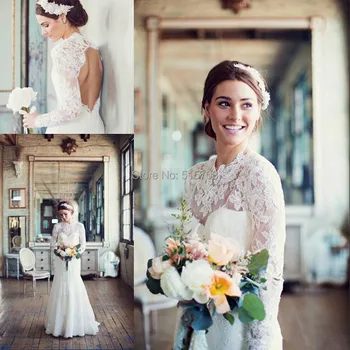 Элегантное кружевное свадебное платье с высоким воротом и длинным рукавом, кружевной шлейф, Открытая спина, свадебное платье на заказ, Сексуальное свадебное платье