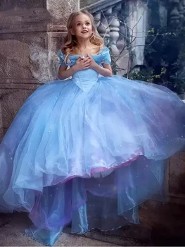Элегантные Синие платья с открытыми плечами для девочек в цветочек, бальное платье Принцессы для Первого Причастия, Мода 2023 года