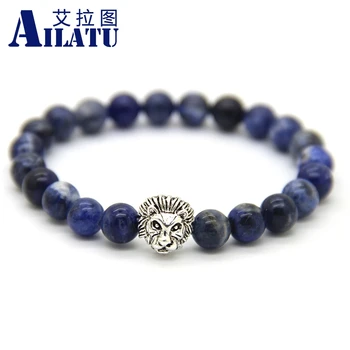Энергетический браслет из натурального камня Ailatu, 8 мм, бусины из голубого камня с прожилками, пара ювелирных изделий с подвеской в виде головы льва, хороший подарок для мужчин