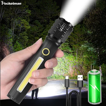 Яркий светодиодный фонарик, мощный USB-перезаряжаемый фонарик, ручной фонарь из алюминиевого сплава, встроенный аккумулятор 18650 для кемпинга, пеших прогулок